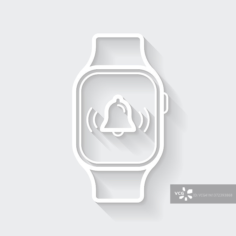 带铃声通知的智能手表。图标与空白背景上的长阴影-平面设计图片素材