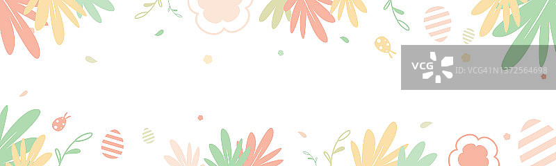 快乐的复活节横幅在白色的背景上装饰着彩色的花和叶平面矢量插图。水平蜡笔背景设计的网站在春天的主题。图片素材