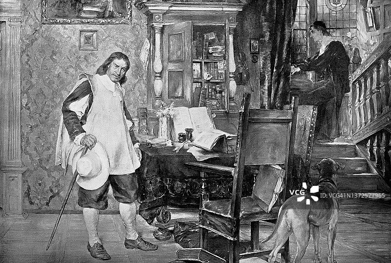 奥利弗·克伦威尔拜访约翰·弥尔顿先生，卡尔·弗里德里希·莱辛绘画- 19世纪图片素材