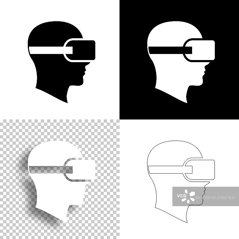 头戴VR虚拟现实头盔。图标设计。空白，白色和黑色背景-线图标图片素材