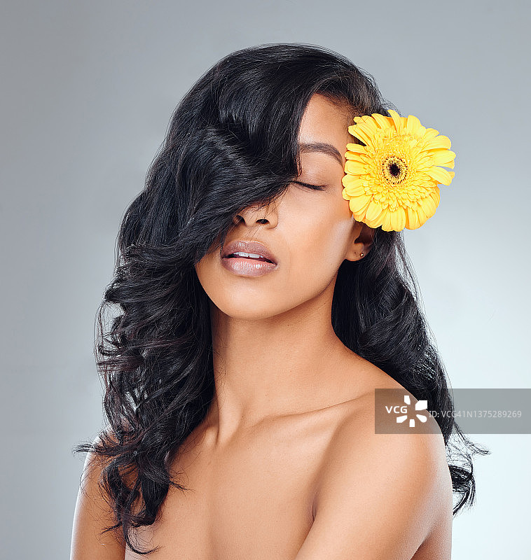 工作室拍摄了一个迷人的年轻女子，头发上插着一朵黄色的花，背景是灰色的图片素材