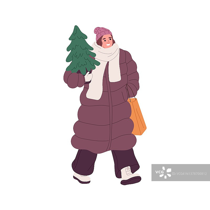 快乐的人带着圣诞树和购物袋。女人和枞树一起过寒假。为圣诞节和新年做准备。平面矢量插图孤立在白色背景上图片素材