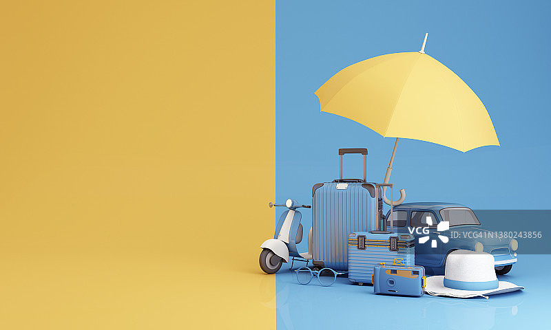 旅行保险，旅行和保护概念伞周围的行李，相机，太阳镜，帽子与摩托车和汽车上的蓝色和黄色色调3d渲染插图图片素材