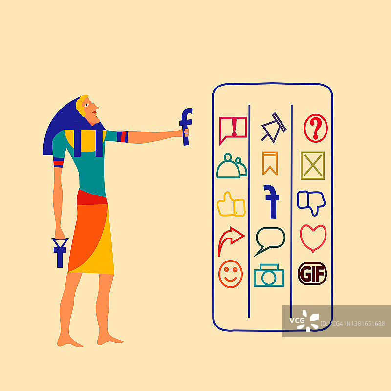 插图的现代埃及法老与社会媒体图标和各种社会媒体集作为现代象形文字图片素材