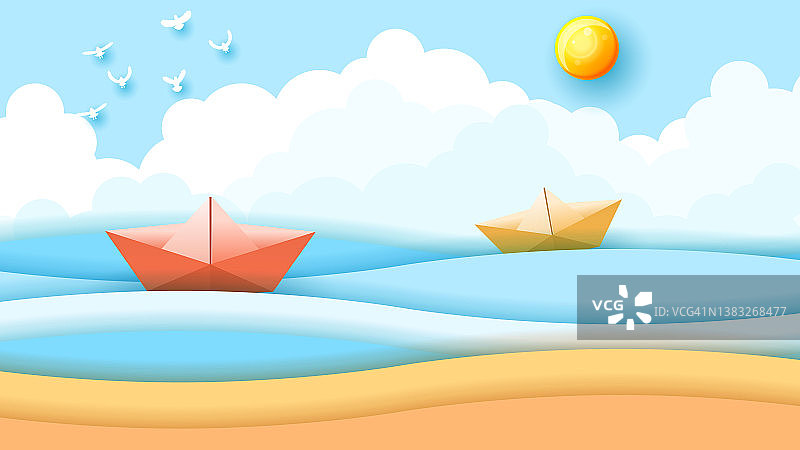 剪纸海洋海洋背景矢量与波浪纸船云太阳设计风格景观图片素材
