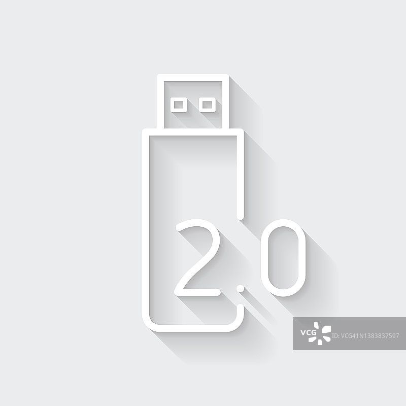 USB 2.0闪存盘。图标与空白背景上的长阴影-平面设计图片素材
