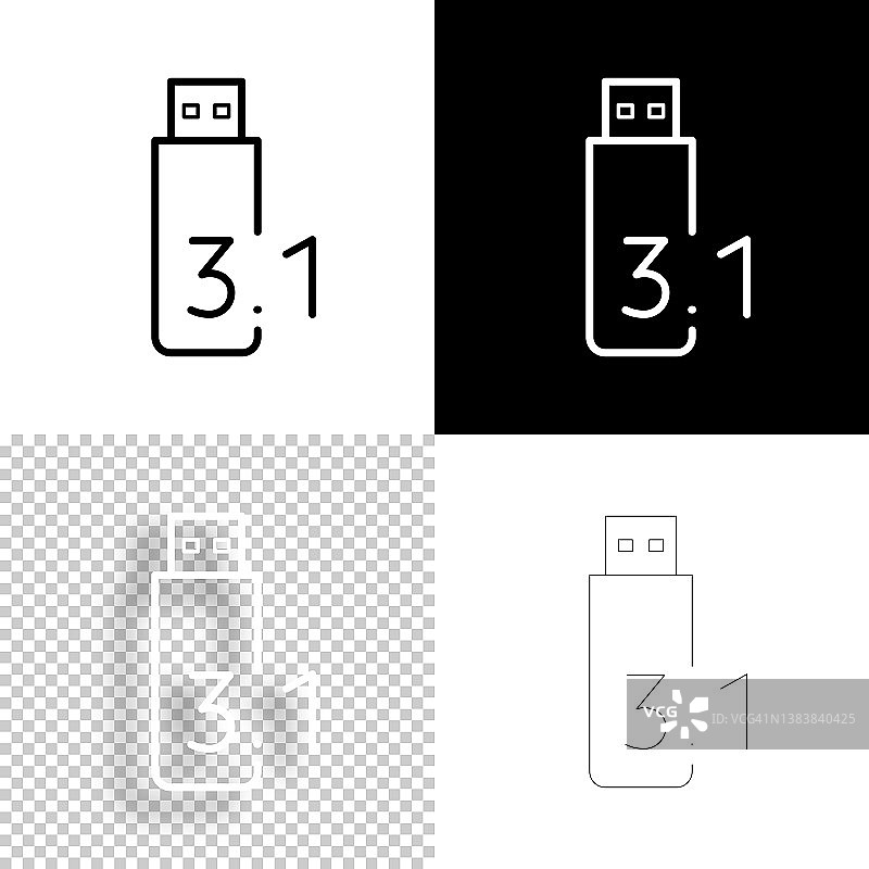 USB 3.1闪存盘。图标设计。空白，白色和黑色背景-线图标图片素材