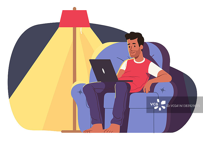 男人在家里用笔记本电脑放松。放松的人休息坐在舒适的扶手椅上上网。科技、媒体、舒适、休闲娱乐平面矢量插图图片素材