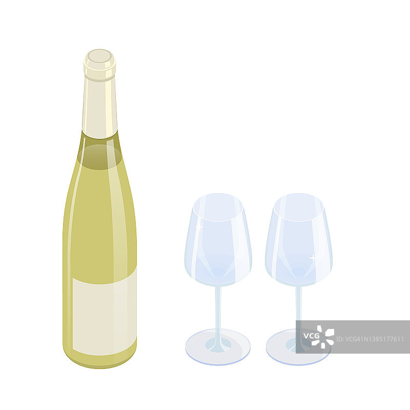 白酒瓶和两个干净玻璃杯等距矢量插图图片素材