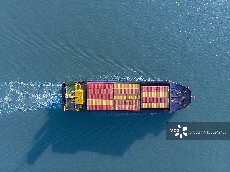 鸟瞰图，集装箱船在蓝色的河流中航行。关于用集装箱船运输进出口业务。图片素材