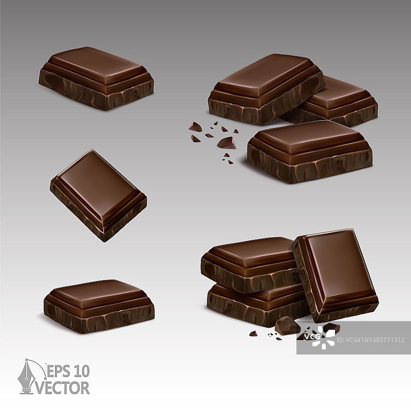 现实的黑巧克力片设置破碎的碎屑，甜甜点，3d矢量插图图片素材