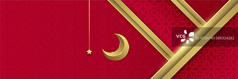 斋月卡里姆旗帜背景有月亮，伊斯兰图案，灯笼。金月亮和红色抽象奢华伊斯兰元素背景图片素材