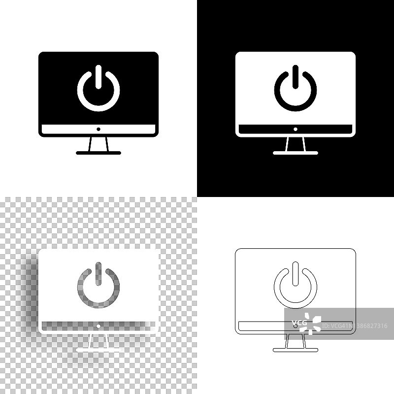 带电源按钮的台式电脑。图标设计。空白，白色和黑色背景-线图标图片素材