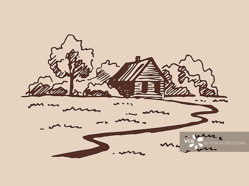 乡村别墅景观。手绘插图转换为矢量。图片素材