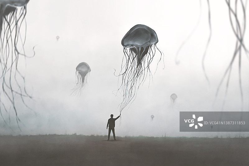 人举着大水母在空中飞舞的插画，抽象的梦幻概念图片素材