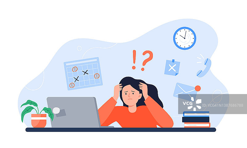 一个疲惫的女人坐在工作场所的电脑前。自由职业者的压力来自于大量的工作。情绪倦怠的概念。在办公室里工作很长时间。矢量彩色平面插图。图片素材