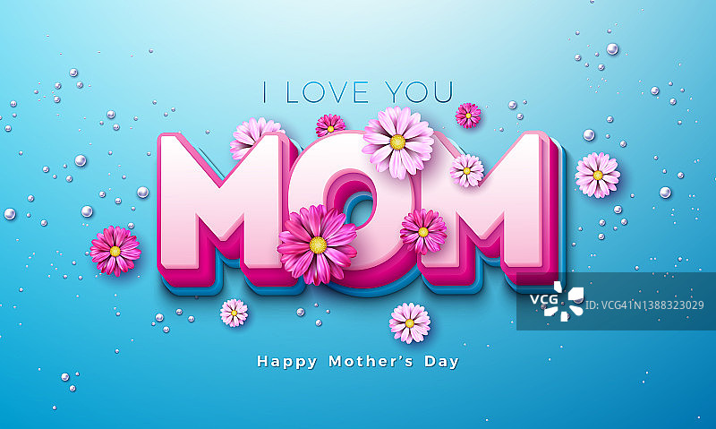 快乐的母亲节贺卡设计与春天的花和3d妈妈信在浅蓝色的背景。向量母亲节插图模板横幅，传单，邀请，小册子或海报。图片素材