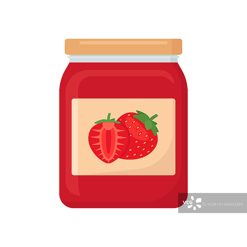 玻璃瓶装草莓酱，浆果红色灌装。收获美味的自制甜点。有盖子的玻璃容器，可作浆果甜点。食物和烹饪。矢量图图片素材