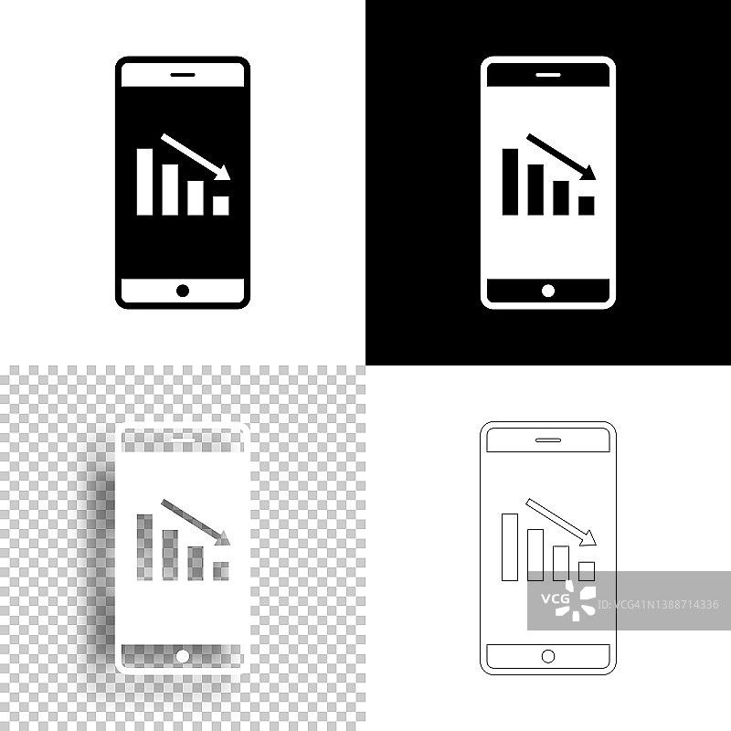 智能手机销量下滑。图标设计。空白，白色和黑色背景-线图标图片素材