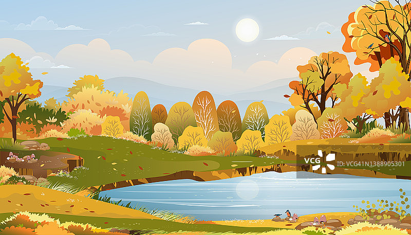 秋天的乡村景观在傍晚的光线与日落，蓝色和粉红色的天空背景，矢量动画秋天在乡村的树木和草地日出，秋天的背景旗帜图片素材