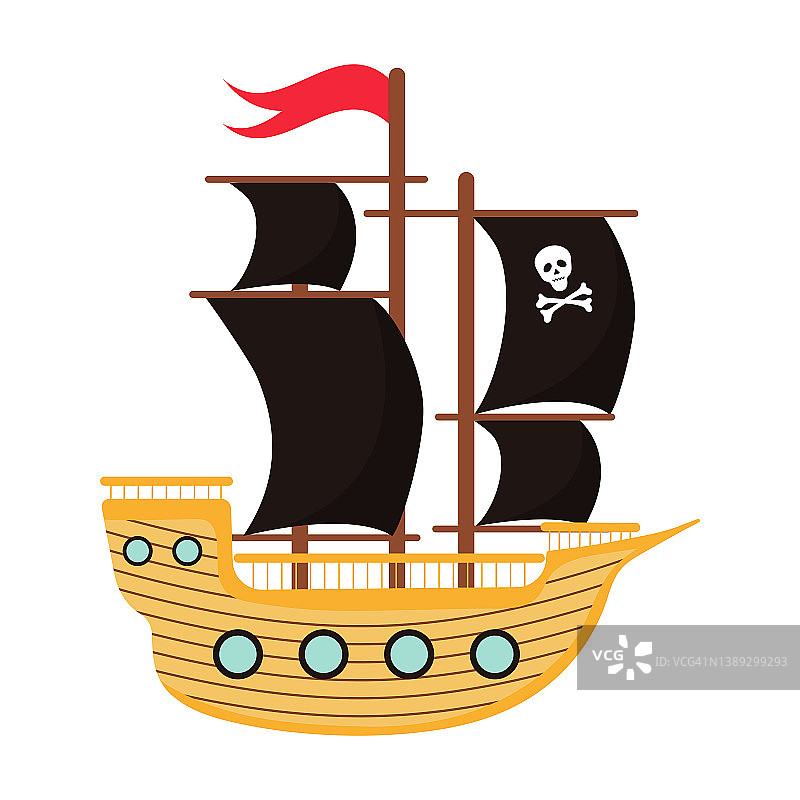 黑帆，白骨，红旗的海盗船。卡通木制海盗船。图片素材