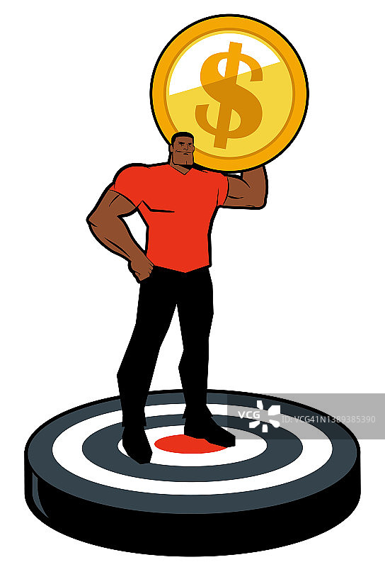一个强壮的男人笑着把一只拳头放在屁股上，肩上扛着一枚巨大的货币硬币，站在一个巨大的靶板上图片素材