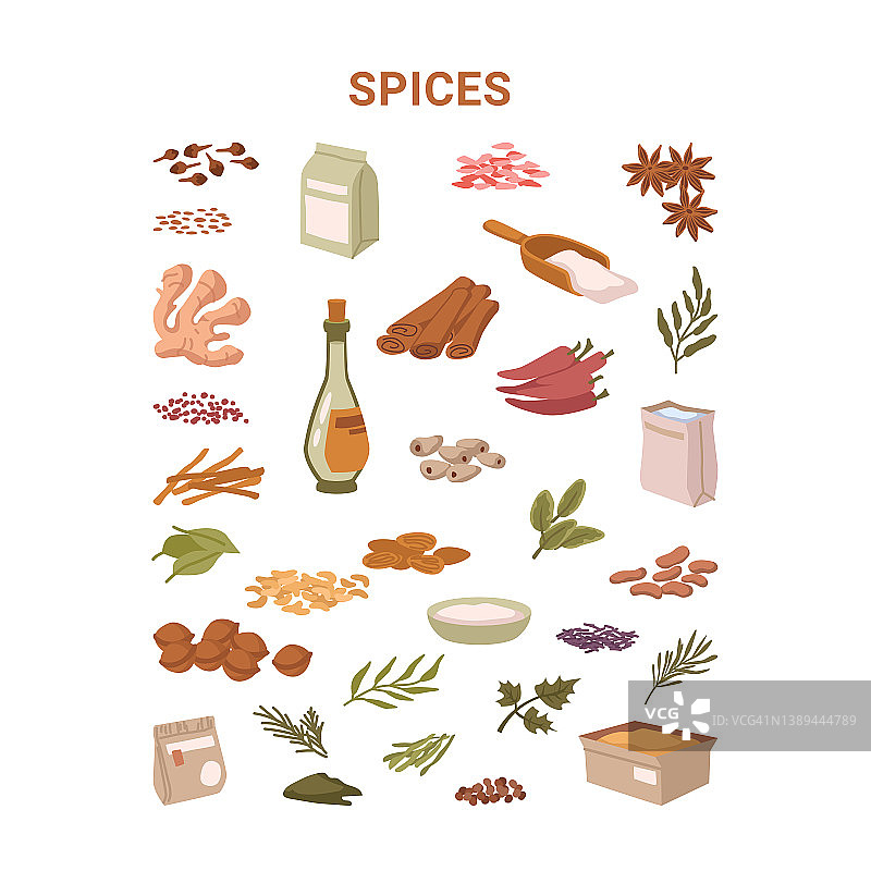天然有机食材，用于食品调味，隔离香料。矢量平面风格，薄荷和橄榄油罐，牛至和大蒜，八角星和肉桂棒，姜黄粉图片素材