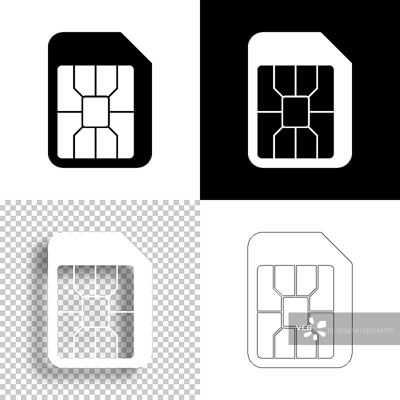 微SIM卡。图标设计。空白，白色和黑色背景-线图标图片素材