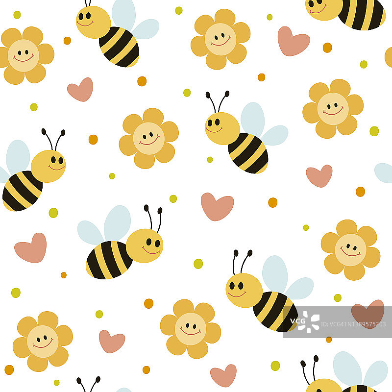 可爱的无缝蜜蜂图案。稚嫩的纹理，带着微笑的蜜蜂、鲜花和心花。图片素材
