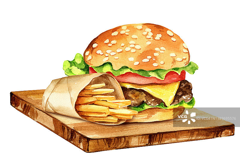 水彩汉堡，肉，洋葱，西红柿，沙拉和油炸土豆放在切菜板上图片素材