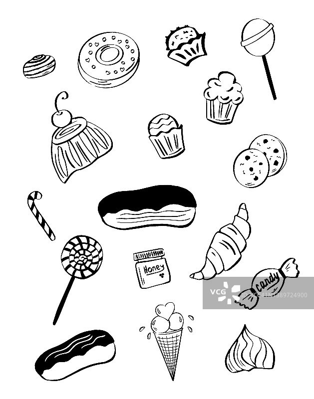 的糖果。甜糕点:松饼和蛋糕，牛角面包和肉桂卷。美味的糖果和棒棒糖。图片素材