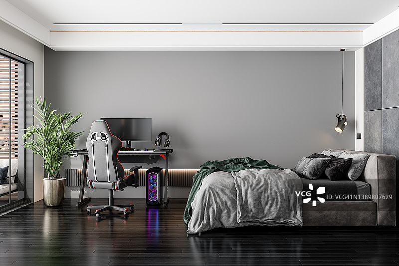 现代卧室室内与学习桌，游戏椅，盆栽植物和凌乱的床的侧视图图片素材