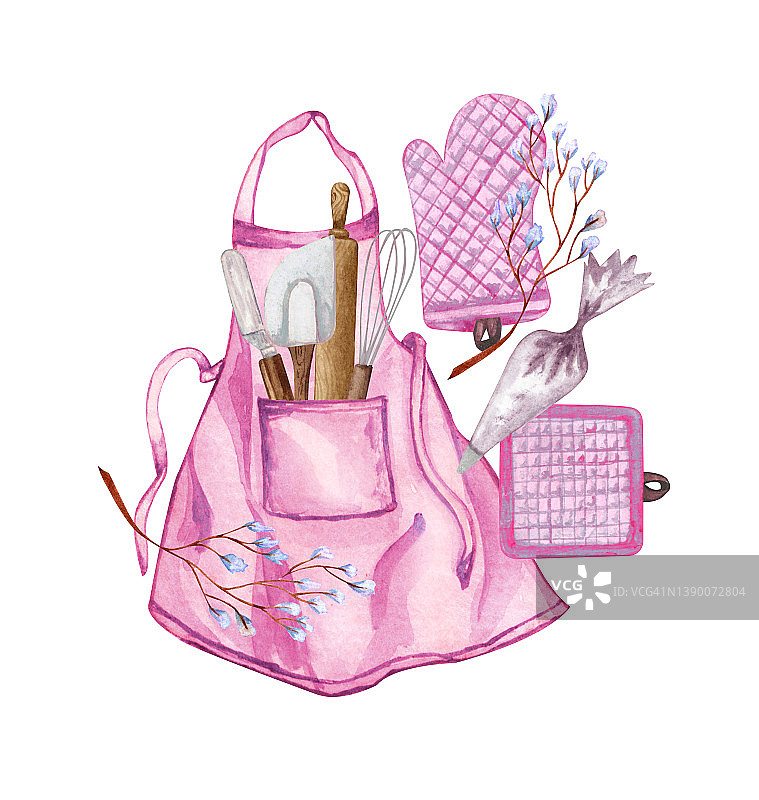 烘焙水彩插图与厨房用具内的粉红色围裙在白色背景。前视图。手绘烹饪剪辑艺术。烘焙概念图片素材