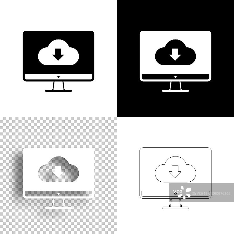 云下载到桌面计算机。图标设计。空白，白色和黑色背景-线图标图片素材