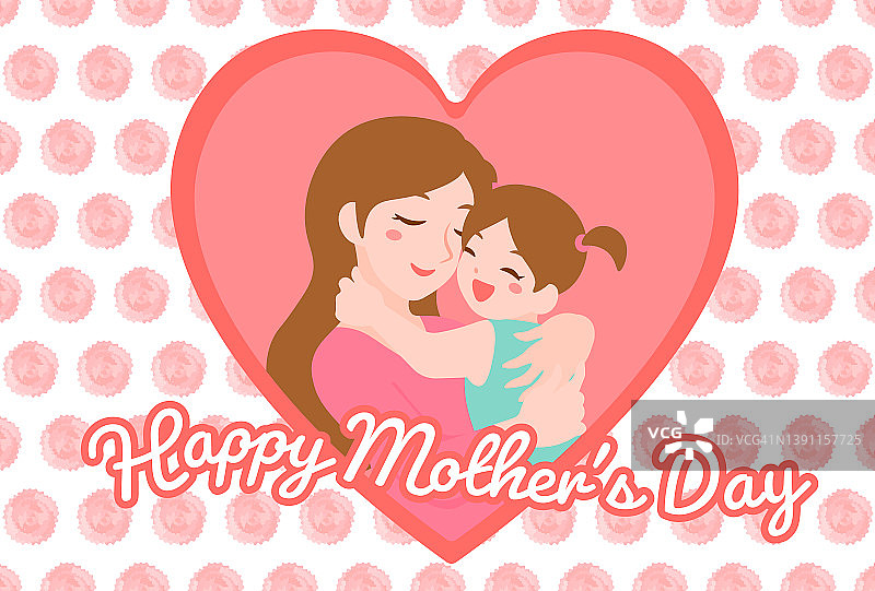 祝您母亲节快乐。贺卡，母亲和女儿，花的背景。图片素材