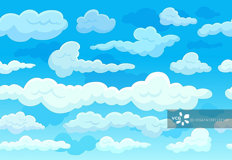 蓝天上的卡通云。白云飞扬的印花，简单的空中景观。自然边界，春夏多云天气。天堂现代矢量无缝模式图片素材