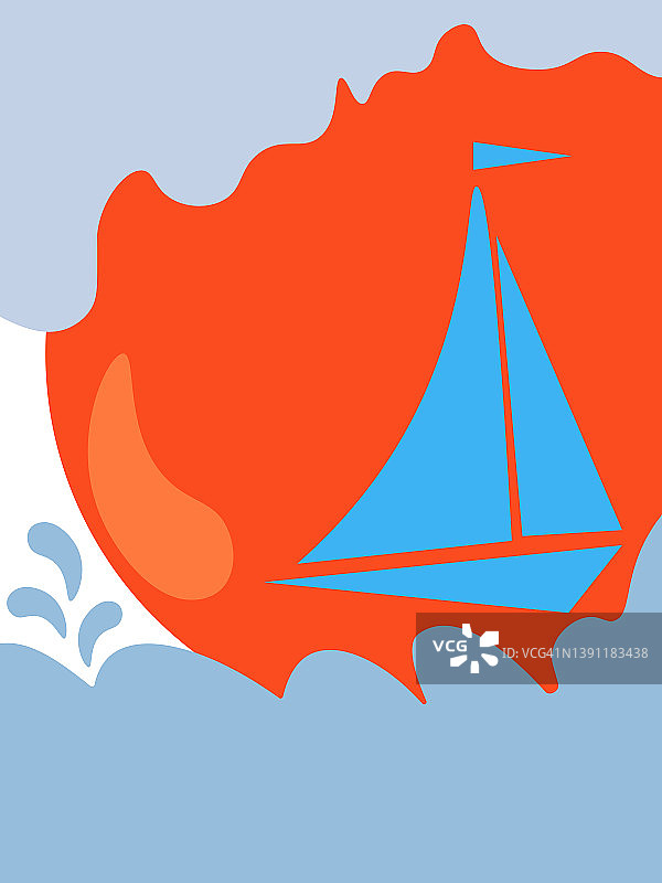 在橙色太阳的背景下，一艘船在海浪中航行。暑假的概念。海上游艇图片素材