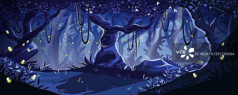 卡通夜森林。神奇的神秘森林里有飞舞的萤火虫。深色的树干和树叶。夜间景观。林地全景。野生自然风光。矢量童话插图图片素材