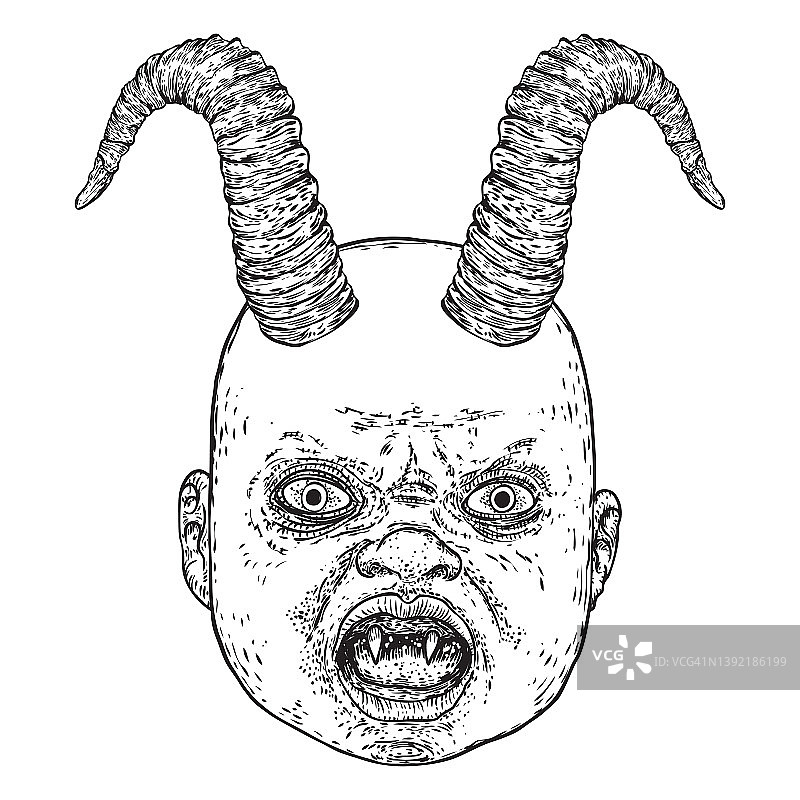 小恶魔的角手绘。怪物脸上的尖牙和牙齿。万圣节小恶魔道具。向量。图片素材