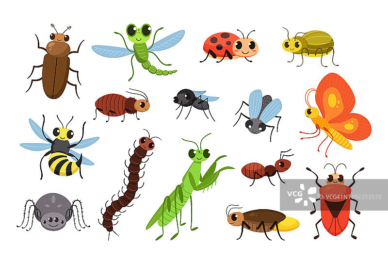 可爱的卡通昆虫。快乐的虫子，微笑的苍蝇和小螳螂矢量插图设置图片素材