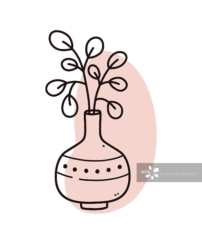 抽象花卉涂鸦与颜色有机形状。极简主义花瓶，白色背景上独立的树枝。矢量手绘插图。完美的卡片，装饰，标志，海报。图片素材