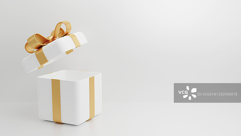 打开豪华白色礼盒金丝带3D渲染图片素材