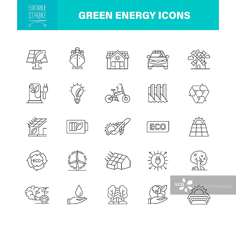 绿色能源图标可编辑的笔画。移动和网络。这套图标包括生态、环境、生态友好、可持续资源图片素材