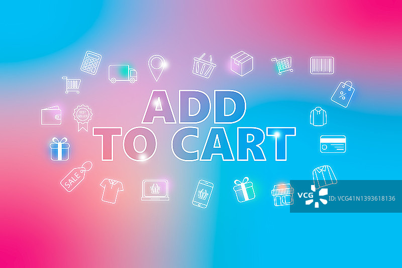 添加到购物车-电子商务网页按钮在粉红色和蓝色的背景。各种购物图标。图片素材