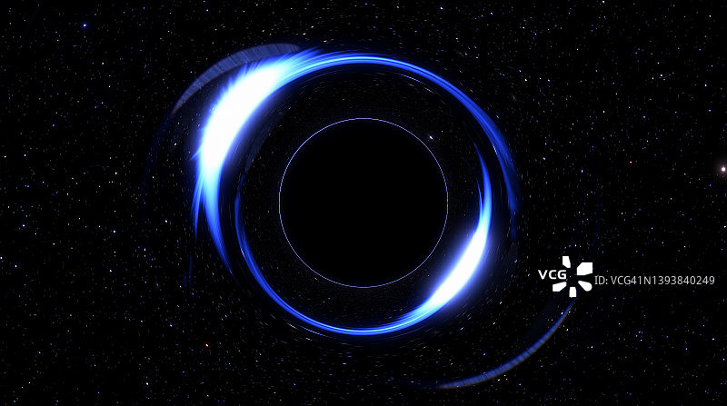 空间中的黑洞，物质的吸收。视界，强大的引力。超大质量黑洞吸收恒星和星系。三维渲染图片素材