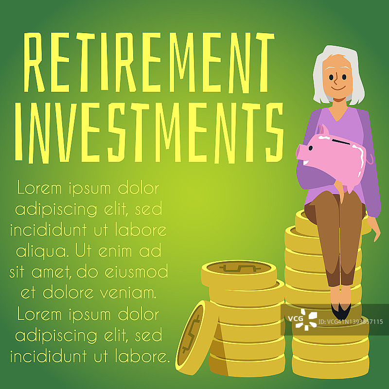 养老基金概念海报，老年妇女坐在硬币与储蓄罐图片素材