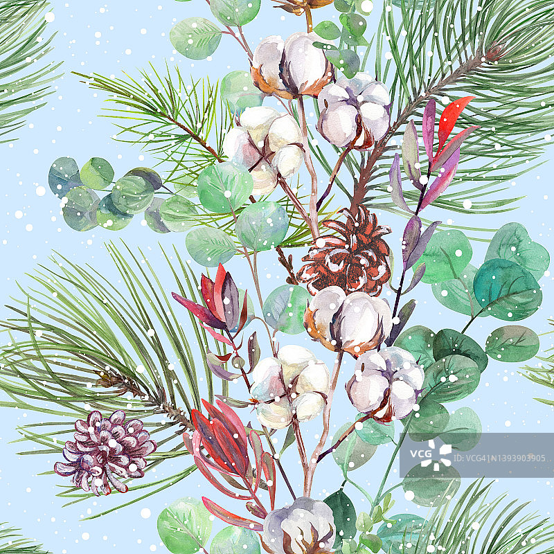 圣诞节无缝图案用冷杉树枝水彩画图片素材