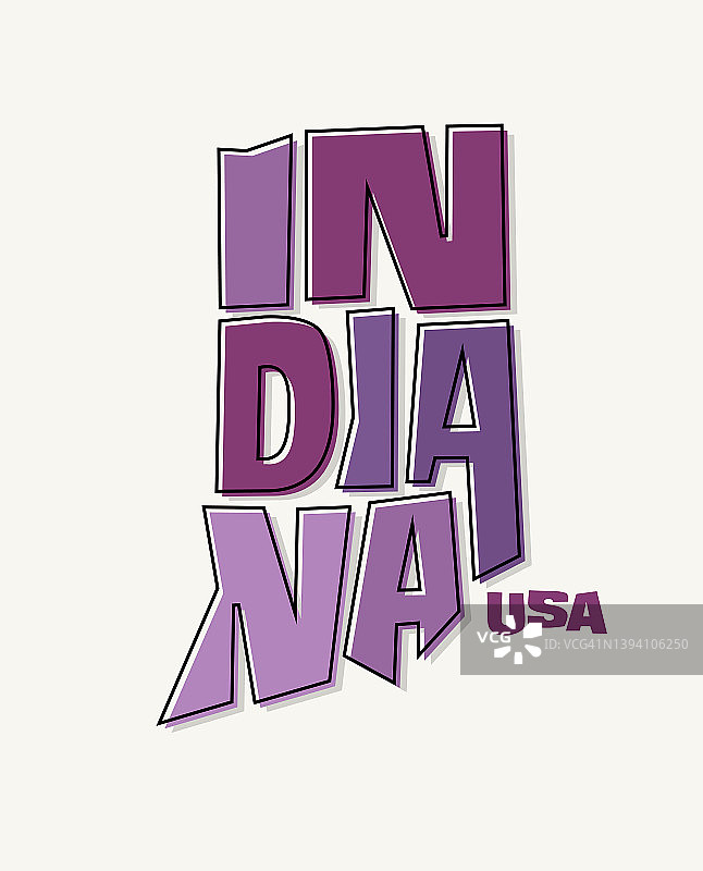 印第安纳州的名字被扭曲成州的形状。波普艺术风格矢量插图。图片素材