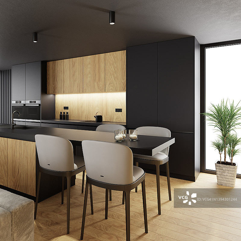 橡木和黑色现代简约公寓内部。客厅配有现代厨房，配有长岛式凳子。图片素材