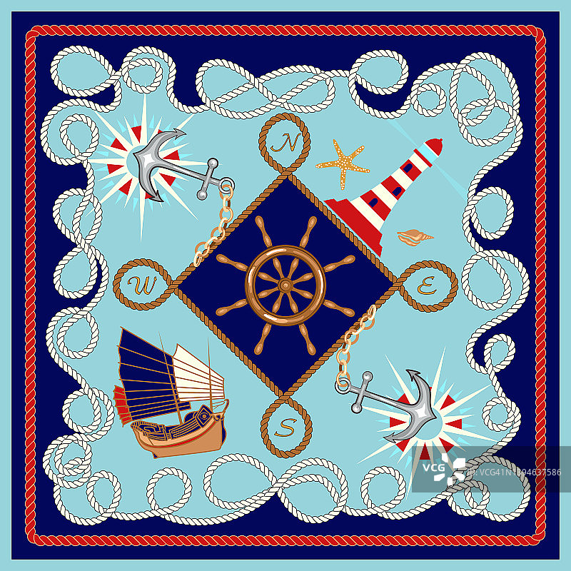 航海框架，旅行概念模式。丝巾设计有，绳，船轮，灯塔，锚，海洋元素，符号图片素材